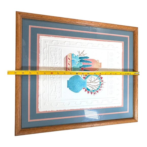 Vtg Signed Jane Billman Southwestern Pottery Cactus Embossed Art Print Oak Frame - Picture 6 of 8